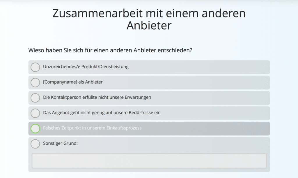 Fragebogen-Vorlage verlorener Deal